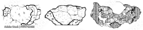 Vector set of hand drawn cracked concrete blocks and broken stone wall pieces in grunge style