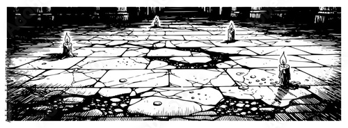 Vector illustration of a dark dungeon floor with cracked stone tiles and burning candles in gothic style