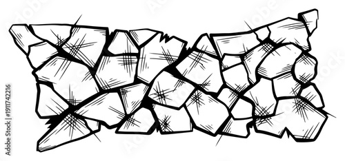 Artistic sketch of shattered glass fragments and broken shards in a rectangular composition
