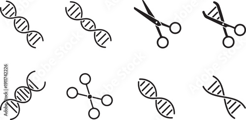 CRISPR Gene Editing Line art Icons Set, DNA Helix, Genome Modification and Biotechnology