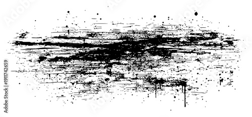 Abstract horizontal ink scratch texture with messy paint splatters and distressed grunge effects