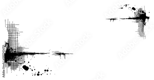 Corner border design with hand drawn ink crosshatch texture and messy black paint splashes