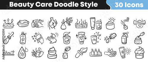 Collection of thirty unique beauty care icons rendered in a charming hand drawn doodle style perfect for cosmetic designs