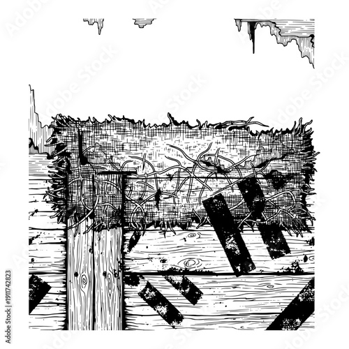 Detailed artistic sketch of a birds nest on wooden beams with straw and twigs
