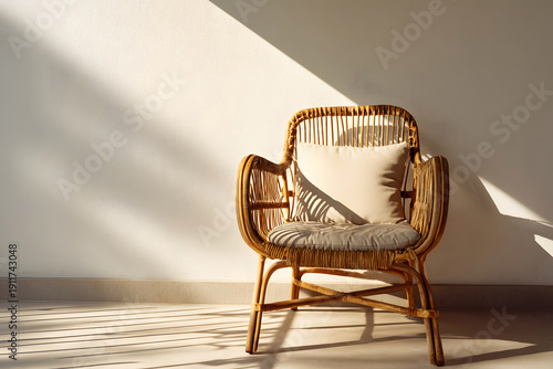 Single rattan chair on shaded veranda with right copy space neutral luxury outdoor seating