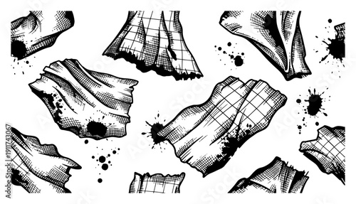 Artistic hand drawn sketch of crumpled fabric fragments with ink splatters and grid patterns