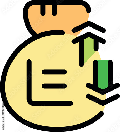 Money bag illustrating financial transactions with up and down arrows symbolizing deposits and withdrawals