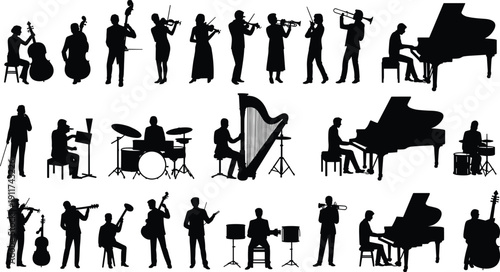 Classical orchestra musician silhouettes set with violin, trumpet, cello, piano, harp and drum players performing live concert isolated on white background