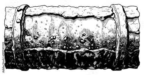 Hand drawn sketch of a thick mossy log or weathered pipe with organic textures and cracks