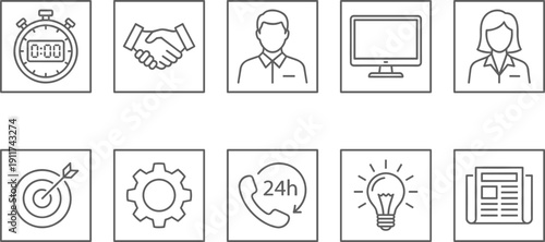 Linear vector icon set for customer support and business services featuring stopwatches handshakes professional staff members 24h assistance targets and technical gear symbols