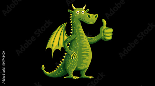 A friendly green cartoon dragon with a thumbs-up gesture, against a solid black background