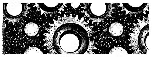 Seamless mechanical pattern with rotating cogs and stippled grunge background