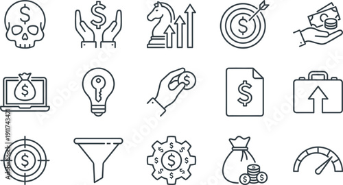 Linear vector icon set for financial growth and investment strategy featuring dollar symbols money bags target goals profit charts and successful capital management graphics