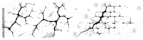 Hand drawn sketches of cracked wall textures and exposed brickwork