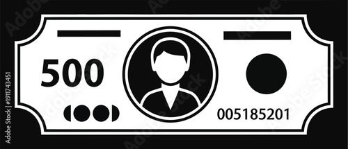 Flat cheque design with person icon, serial number and value in simple vector style