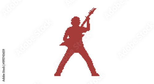 a pixelated rock guitarist silhouette playing electric guitar embodying retro 8-bit gaming and powerful rock music aesthetics.
