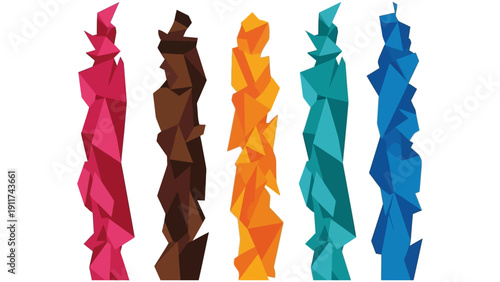 vibrant abstract geometric low poly pillars in diverse colors stand vertically on a clean white background perfect for modern digital design and creative graphic resources.