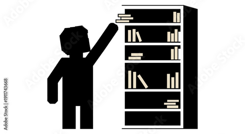 a pixelated person reaching for a book on a dark bookshelf illustrating knowledge acquisition education and organizing concepts.