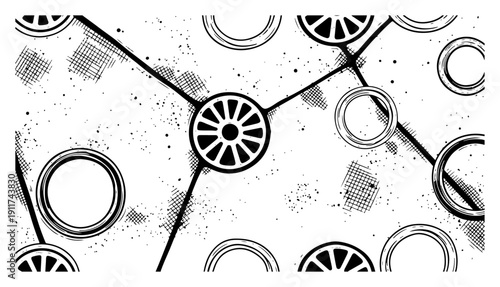 Abstract hand drawn technical pattern with industrial wheels and lines in grunge style