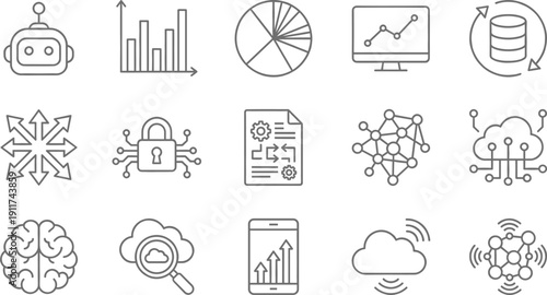 Linear vector icon set for data analytics and cloud technology featuring bar charts pie graphs robotic interfaces secure locks and global network connectivity symbols