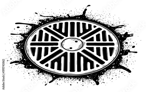 Vintage hand drawn sketch of a circular manhole cover with messy ink splatters