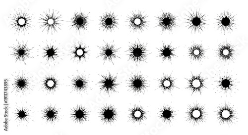 black ink splatters and grunge radial bursts on white versatile abstract graphic design elements for texture overlays effects.