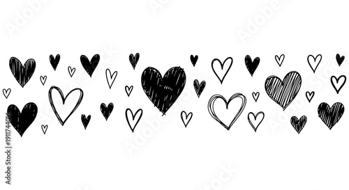 hand drawn doodle hearts scattered pattern on clean white background a charming border for valentines day and romantic graphic designs.