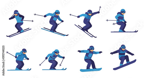 dynamic cartoon skiers and snowboarders performing various winter sports actions depicting leisure and recreational alpine activities.