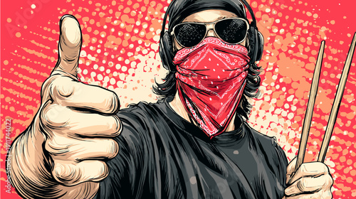 A stylized illustration features a person giving a thumbs-up, wearing sunglasses, a bandana, and drums sticks