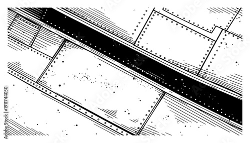 Hand drawn sketch of industrial metal plates with rivets and diagonal steel beams in grunge style