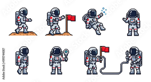 pixel art astronauts perform space exploration actions walking flag planting floating and research ideal for game development.