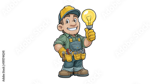 A smiling man in work clothes holds a lightbulb. Tools are on his belt, thumbs up