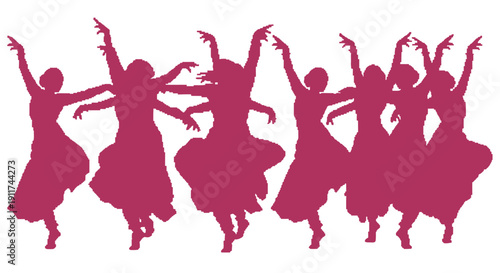 vibrant magenta pixelated silhouettes of graceful female dancers performing traditional indian dance on white for cultural expression.