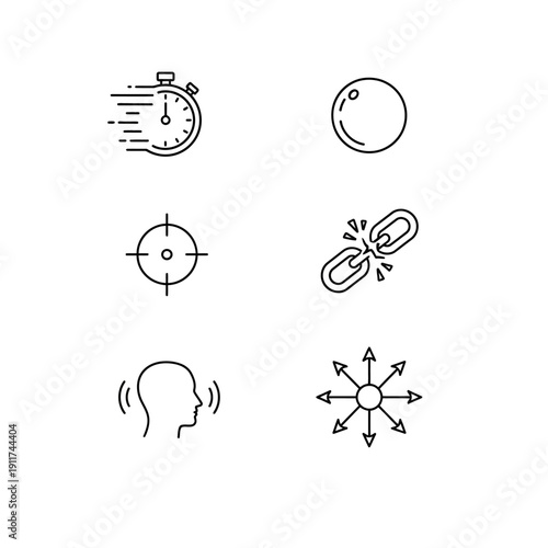 abstract line icons collection symbolizing essential concepts speed target broken chain listening and expansion for various digital designs.