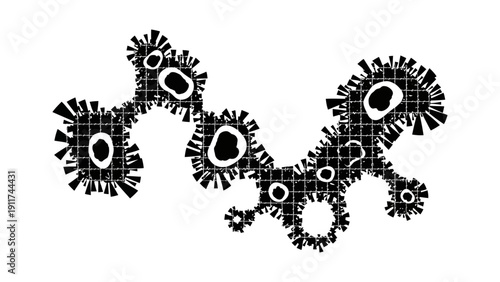 abstract microscopic viral chain on a distressed grid illustrating disease cellular connections and complex biological networks.