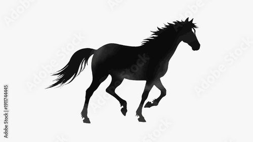 black horse silhouette watercolor texture dynamically galloping against white background symbolizing power freedom and grace.