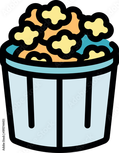 Bright, cartoon style popcorn bucket with fluffy kernels