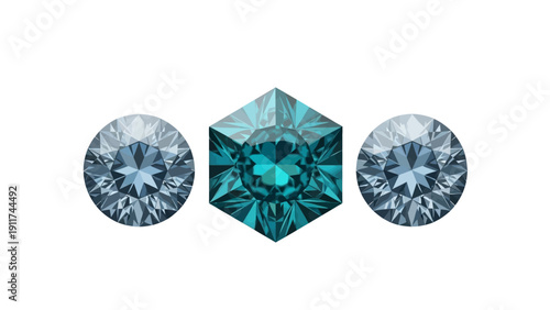 dazzling brilliant cut gemstones two light blue rounds and a vibrant teal hexagon sparkling on white ideal for luxury jewelry.