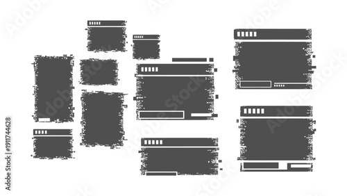 glitch digital interface frames with distressed grunge textures depicting data corruption cyber errors modern tech background.