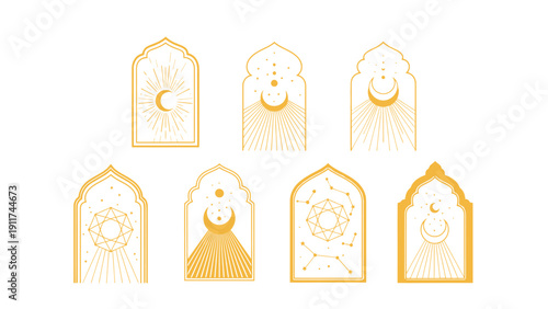 golden mystical arch frames with celestial moon sun stars and constellations symbolizing spiritual bohemian esoteric elegance.