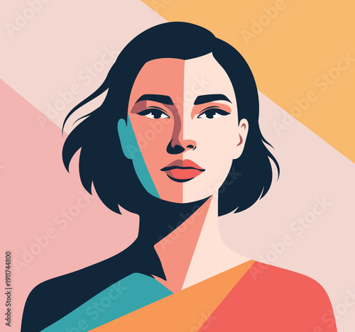 Vector abstract portrait of a woman in a geometric style, multicolor palette. For branding, fashion campaigns, social media, women's empowerment projects, feminism, protests, Women's Day, March 8th