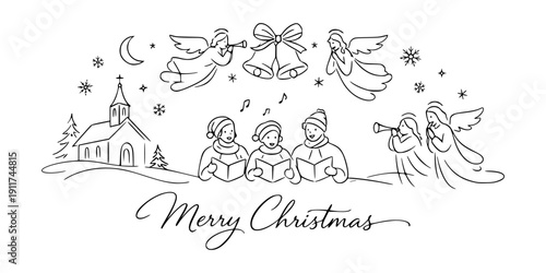 Christmas carolers sing near a church with angels, bells, snowflakes, and stars on white background. Holiday celebration concept