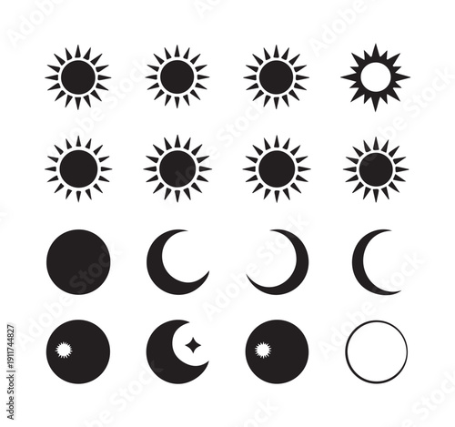 Sun and moon vector icons set. Weather symbols. Solar and lunar graphic elements collection
