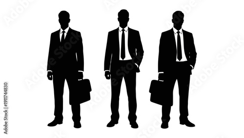 three business executives in suits with briefcases symbolizing corporate leadership professional success and team identity.
