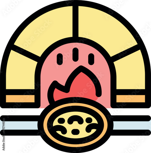 Icon of a pizza oven with flame and pizza illustration
