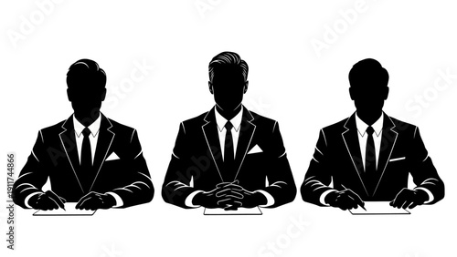 three professional business silhouettes at a corporate meeting signing documents and making decisions illustrating agreement.