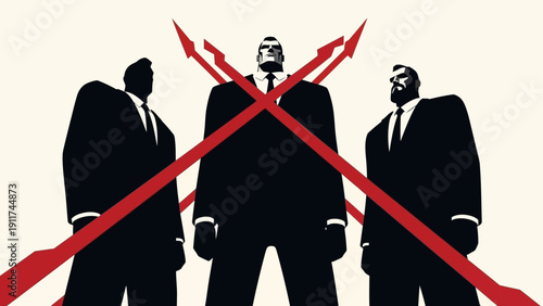 three imposing corporate executives in dark suits symbolizing market challenges strategic conflict and fierce competition.