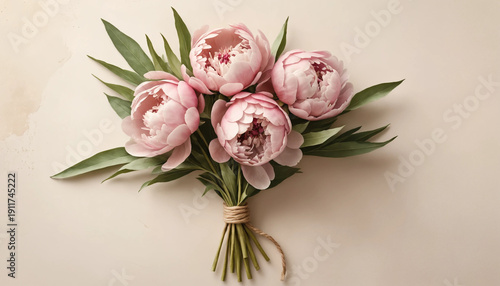  Watercolor illustration of a bouquet of pink peony buds tied with natural twine
