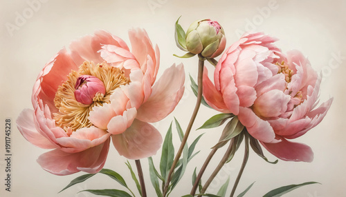 Watercolor illustration of two lush coral peonies and one unopened bud on a light neutral background.