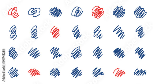 Collection of blue and red hand drawn scribble marks vector set